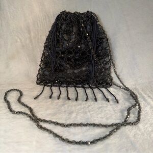 MAGID Black Beaded Handbag Purse Fringe Drawstring Wedding Prom Formal VTG